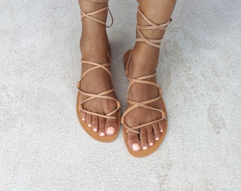 Atar sandalias griegas, sandalias de gladiador, sandalias de cuero, sandalias planas, hechas a mano, sandalias de mujer, zapatos planos con cordones, sandalias de verano, cuero real