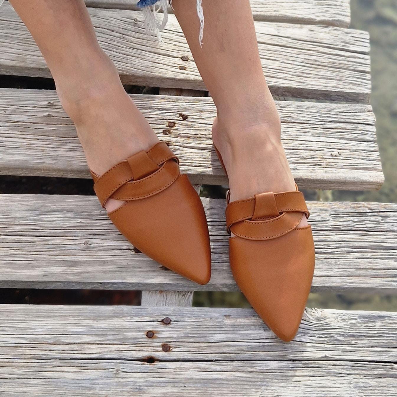 Leather Mules for Women, Tobacco Loafers, Leather Slippers, Greek