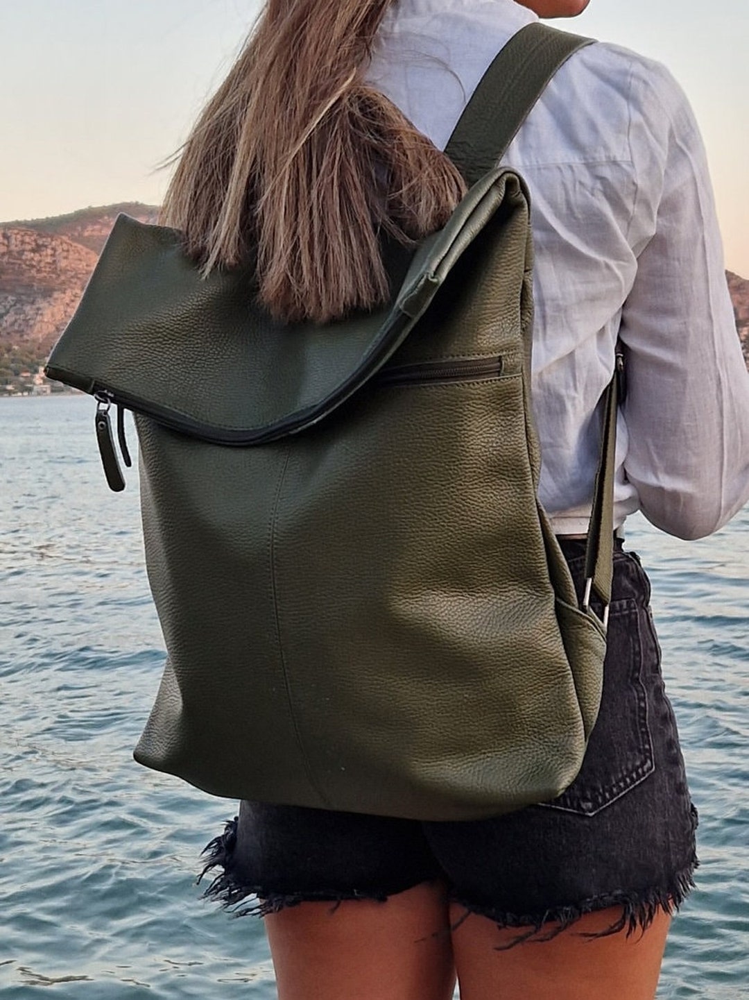 Green Leather Backpack, Handmade Cork Accent, Travel Laptop  display picture 1