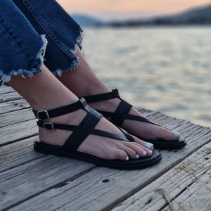 Handmade Greek black Leather Sandals with a luxuriously soft footbed, Crafted in Greece, Open toe flat shoes, metallic buckles, Summer flats image 6