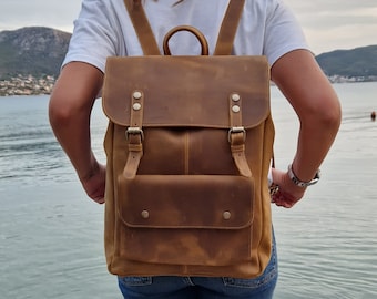 Handgemaakte noodlijdende leren rugzak, beige boekentas, laptoptas
