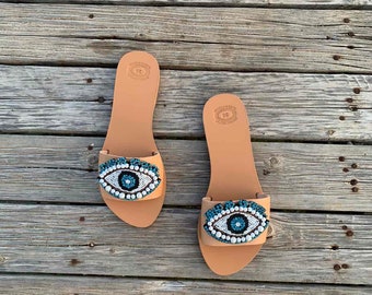 Greek Leather decorated slides, Handmade Sandals, Mules shoes for women, evil eye, Slip on Sandals,Greek Summer Gladiators, Summer Flats