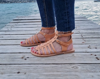 Greek Gladiator sandals for women,Greek Leather Sandals, Handmade summer flats, Summer Buckled Shoes, Beach wedding, Flat barefoot sandals,