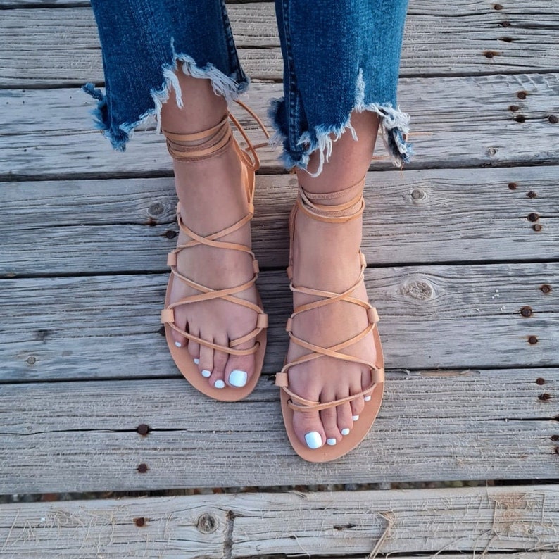 Tie up Greek Sandals Gladiator Sandals Leather Sandals Flat Etsy