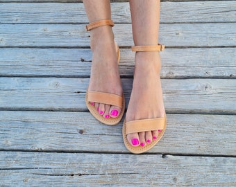 Greek Leather sandals for women with ankle strap, Women Barefoot Sandals,Wedding Sandals, buckle shoes,rubber sole, open toe strappy flats