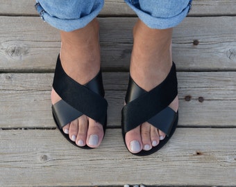 Sandales en cuir noir, sandales grecques antiques, sandales croisées, sandales croisées, sandales grecques, sandales en cuir véritable, appartements d'été,