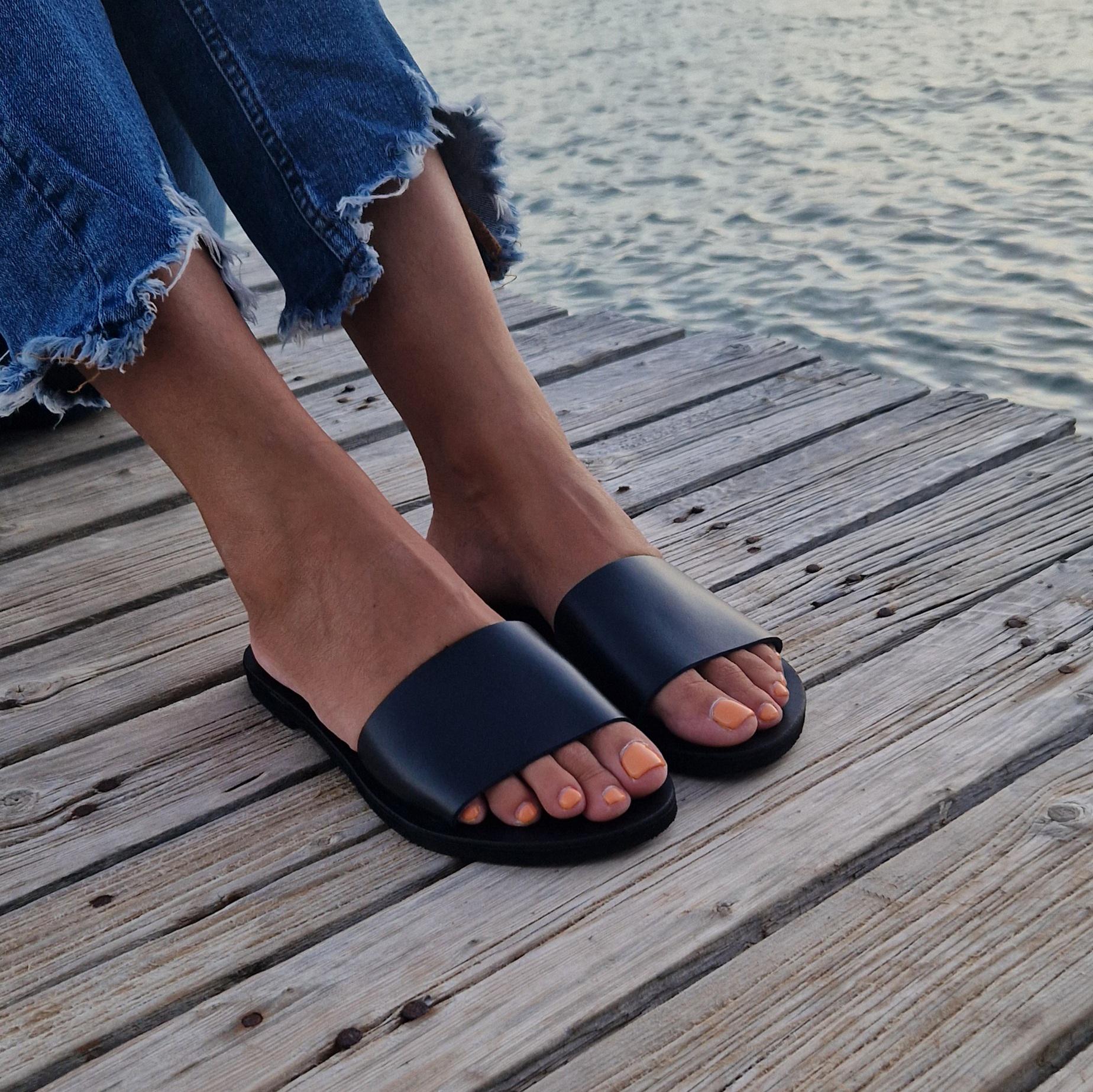 Black Slide Sandals Black Flat Slide Sandals - Vacation Shoes | Red Dress main image 3