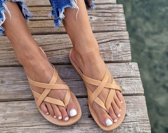 Greek gladiator leather sandals , Strappy Slip ons, Gladiator Sandals, Greek flats women, Beach sandals, Greek Flats, Leather Sandals,