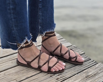 Sandalias griegas con cordones, sandalias gladiadoras, sandalias de cuero, hechas a mano, sandalias de mujer, bailarinas con cordones, sandalias de verano, suela cuadrada