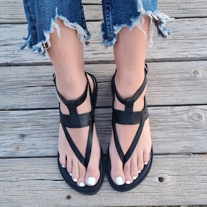 Handmade Greek black Leather Sandals with a luxuriously soft footbed, Crafted in Greece, Open toe flat shoes, metallic buckles, Summer flats image 1