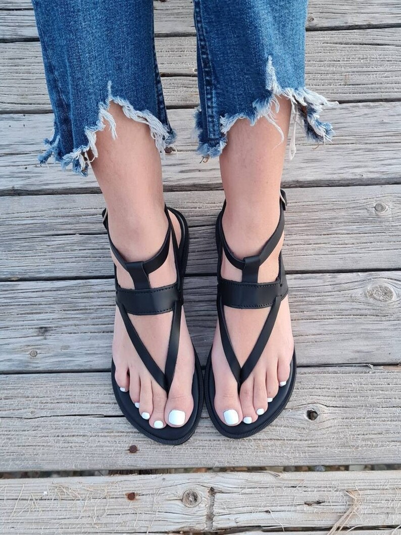 Handmade Greek black Leather Sandals with a luxuriously soft footbed, Crafted in Greece, Open toe flat shoes, metallic buckles, Summer flats image 1