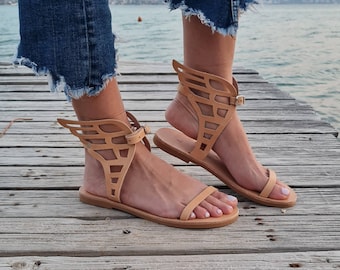 Winged Leather Sandals for women, Angel Winged flat shoes, Handmade Gladiator Flats, Grecian Ankle Strap sandals, Strappy Laser cut sandals