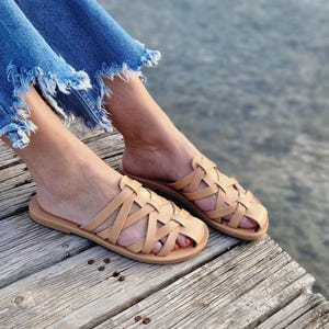 Handmade Leather Fisherman Sandals, Leather closed toe caged sandals, barefoot summer flats, Comfortable Fisherman mules, slip on flats image 3