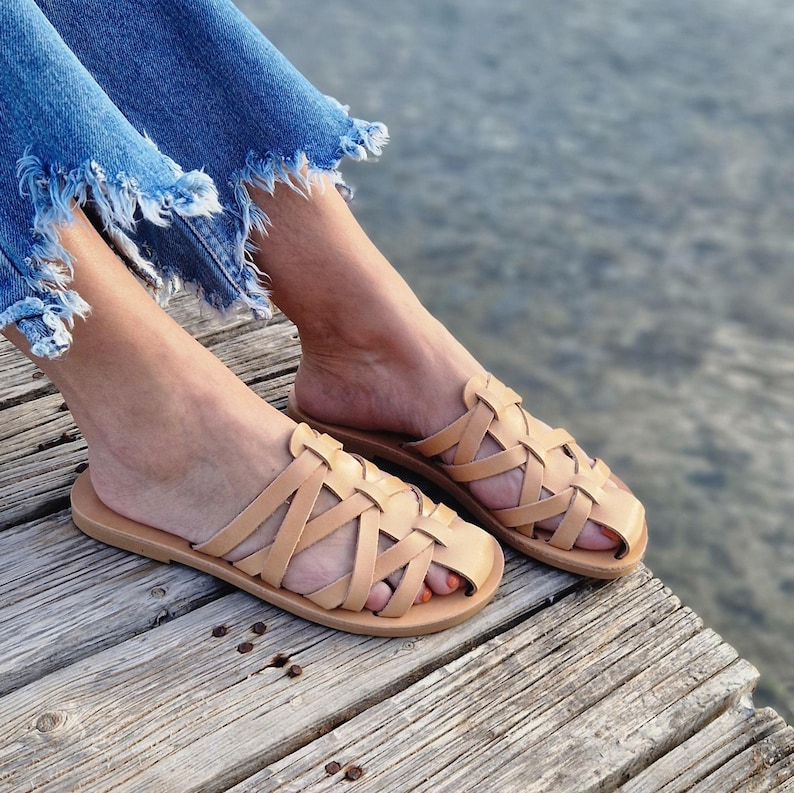 Handmade Leather Fisherman Sandals, Leather closed toe caged sandals, barefoot summer flats, Comfortable Fisherman mules, slip on flats image 3