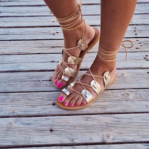 Gold lace up sandals for women, Greek Tie up sandals, toe ring bridal shoes, golden ankle wrap gladiator sandals, barefoot sandals, open toe