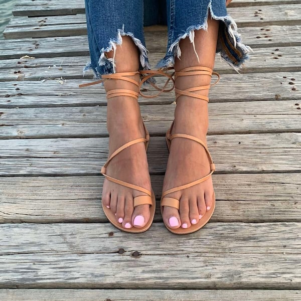 Wrap around lace up gold sandals, Greek Sandals, ankle wrap straps, Gladiator sandals, ring toe flats for women, Summer Tie up sandals