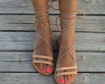 Ankle tie Greek Leather Sandals, Tie up Handmade shoes for women, Gladiator  Sandals, Lace up Summer flats, summer wedding shoes, ankle wrap