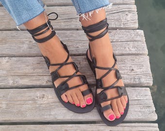 Tie Up Greek leather Sandals, Black Ankle wrap flat Sandals, Toe ring Lace up shoes women, Summer leather Shoes, Gladiator Sandals, Handmade