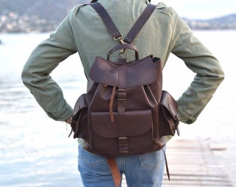 Brown Leather Backpack with side pockets, Laptop Backpack, Rucksack, Travel Backpack, Back to School, Leather Bag, Student Bag, Shoulder Bag