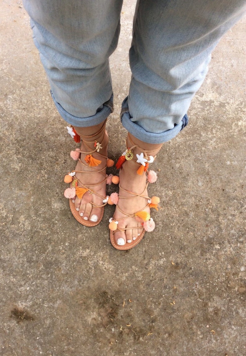 pom pom tie up sandals