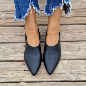 Leather mules shoes, women's loafers, black leather flats, black slippers, leather shoes, moccasins, slip on pointy mules, pvc sole, image 10