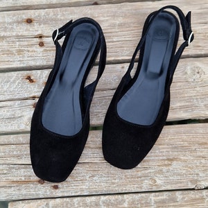 Black Ballerina Slingback Flat Shoes for Women, Suede Leather Mules ...