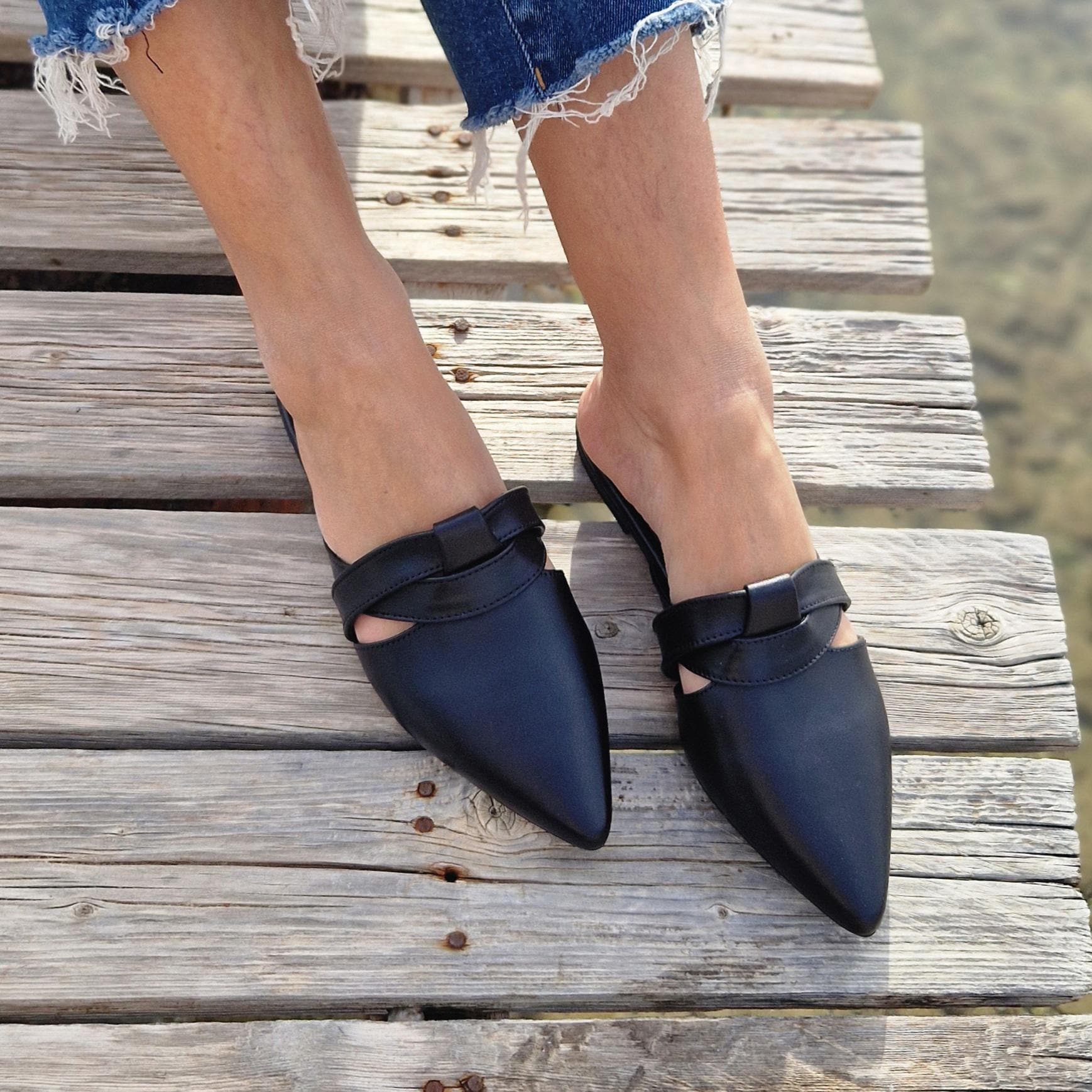 Black Leather clog mules for women, Slip on loafers, flat slippers, Greek moccasins, slip on flats, pointy mules, women flat shoes, low heel
