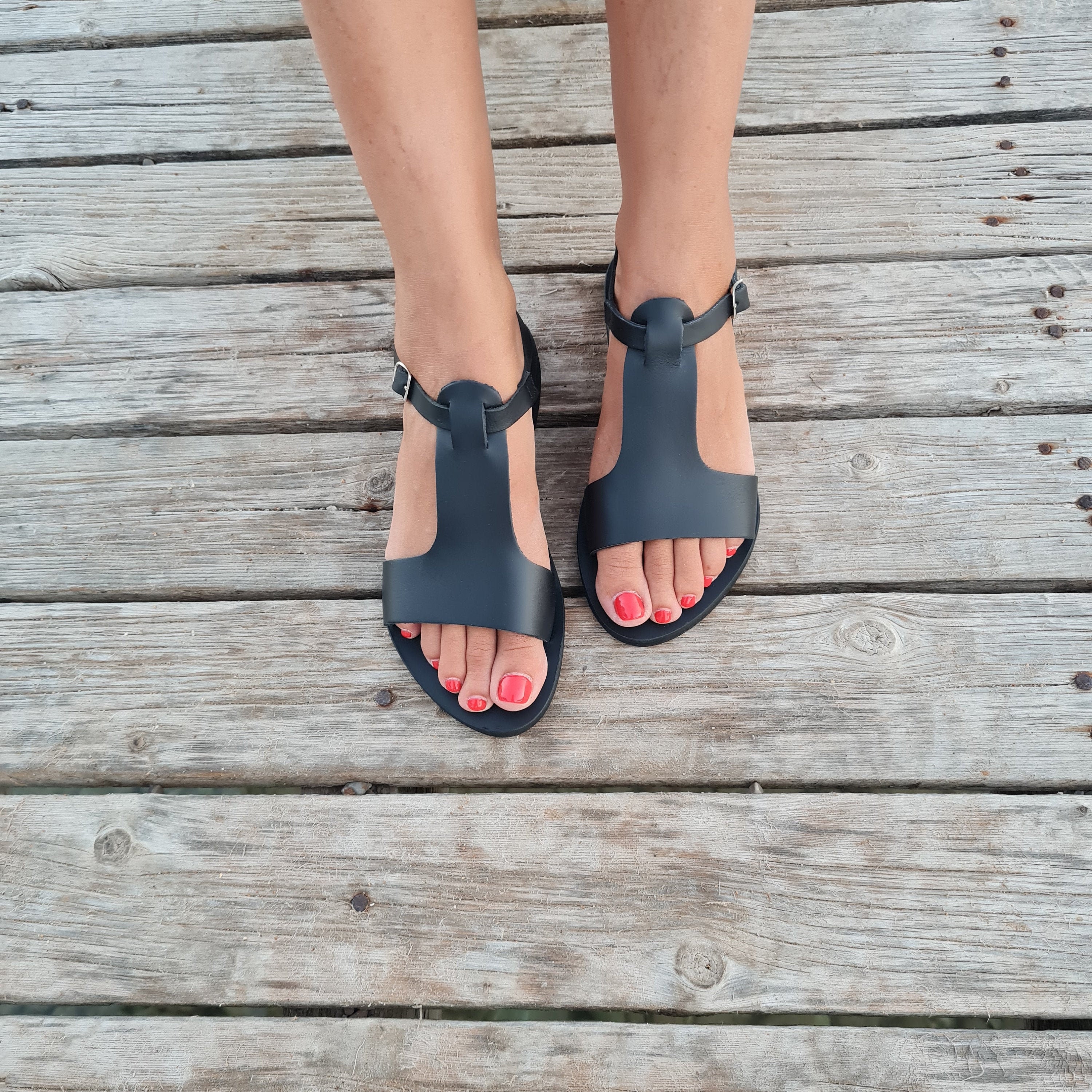 Black Gladiator Sandals With Buckle Strap T Strap Sandals - Etsy