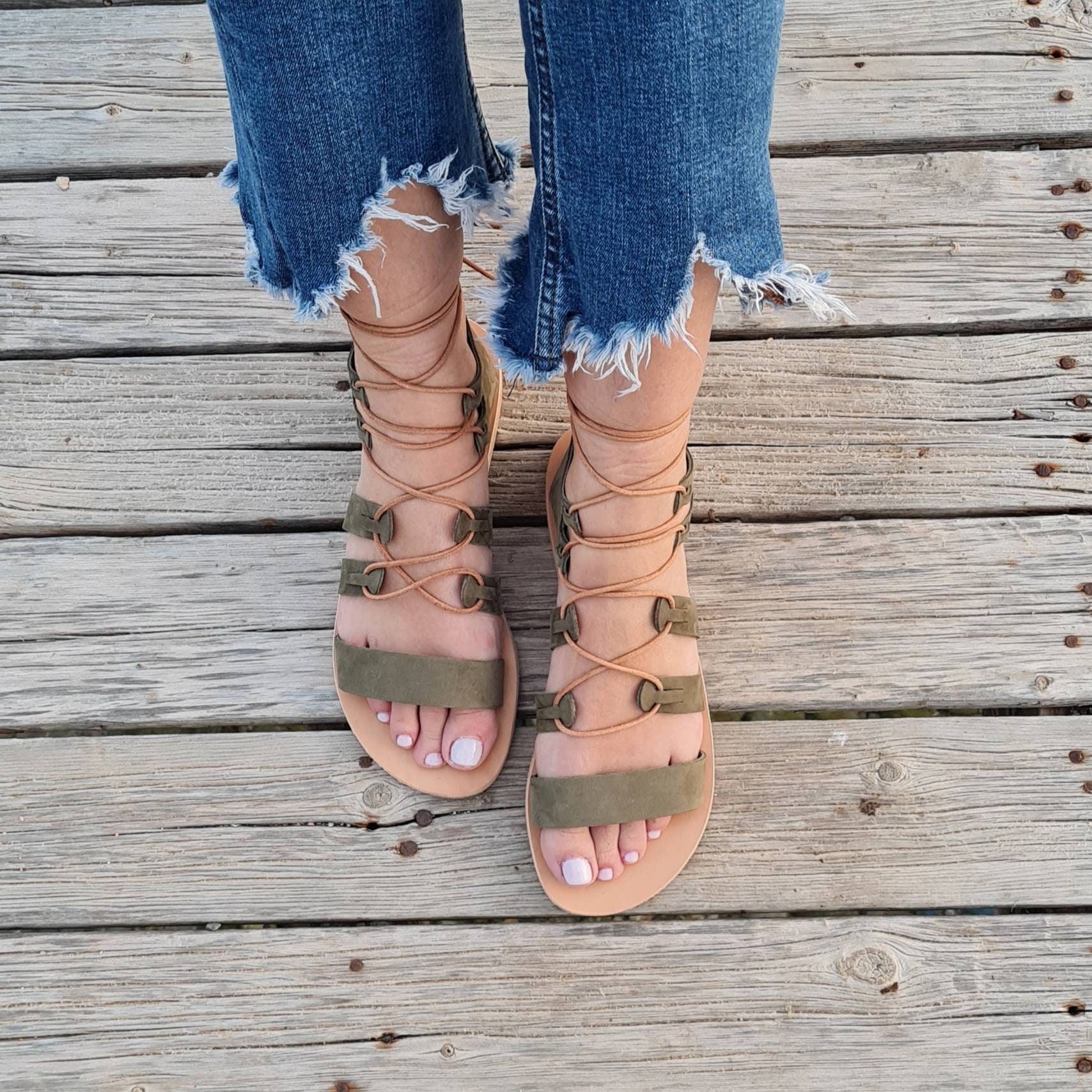 Greek Nubuck Leather Sandals in Cypress Green Tie up Sandals 