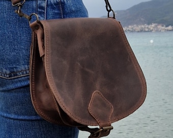 Distressed Leather Saddle Bag, Handmade Crossbody, Adjustable Strap