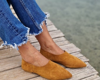 Wildleder-Mules für Damen, Leder-Loafer, Damen-Hausschuhe, Leder-Mokassins, Slip-on-Flats, spitze Mules, Damen-Loafer, weiches Leder