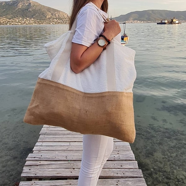 Frottee Strandtasche für Frauen, Wendehandtuchtasche, Sommer-Strandhandtasche, Frauentasche, große Blumenstrandtasche mit Innentasche, handgemacht