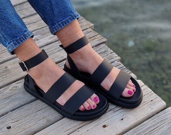 Black leather sandals, Handmade Greek Leather slides for women, Comfortable flat shoes, Buckled strappy shoes, pu sole covered with leather