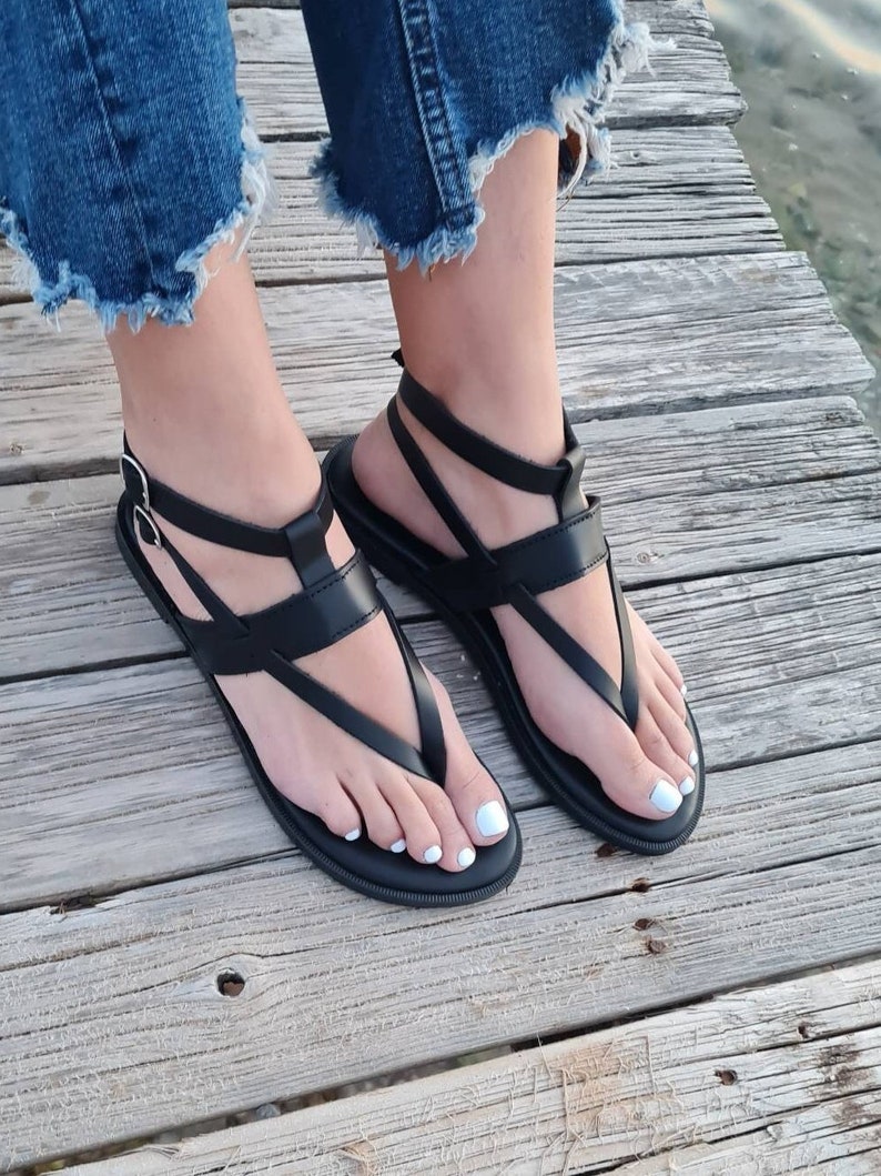 Handmade Greek black Leather Sandals with a luxuriously soft footbed, Crafted in Greece, Open toe flat shoes, metallic buckles, Summer flats image 2