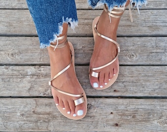 Wrap around lace up sandals, Greek leather Sandals, ankle wrap straps,  Gladiator sandals, ring toe flats for women, Summer Tie up sandals