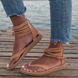 Ankle tie Greek Leather Sandals for women, Leather Women Gladiators with back zipper, leather flat sandals, summer wedding sandals, minimal