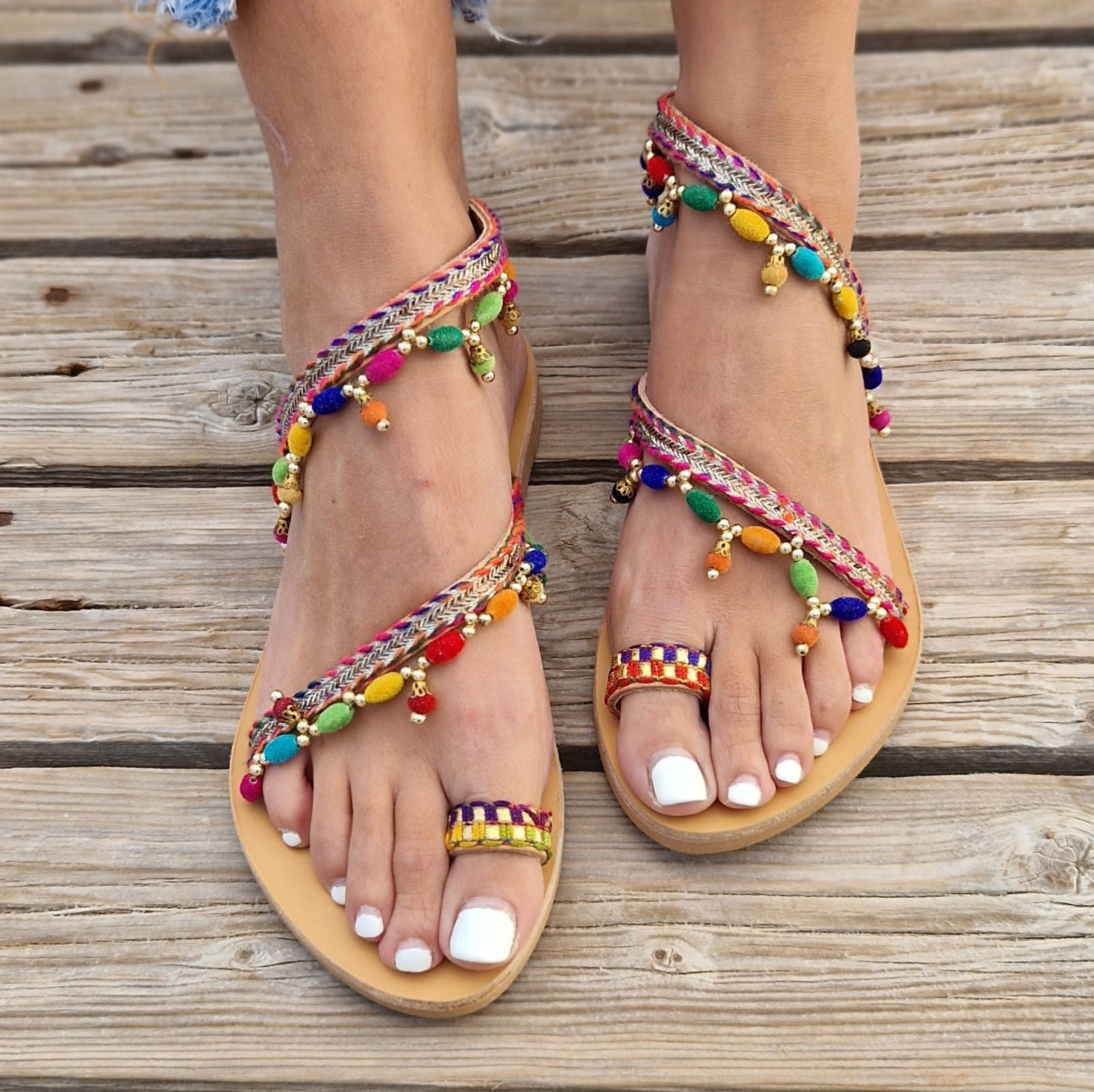 Handmade Boho Leather Sandals, Greek Sandals,pom Pom Sandals