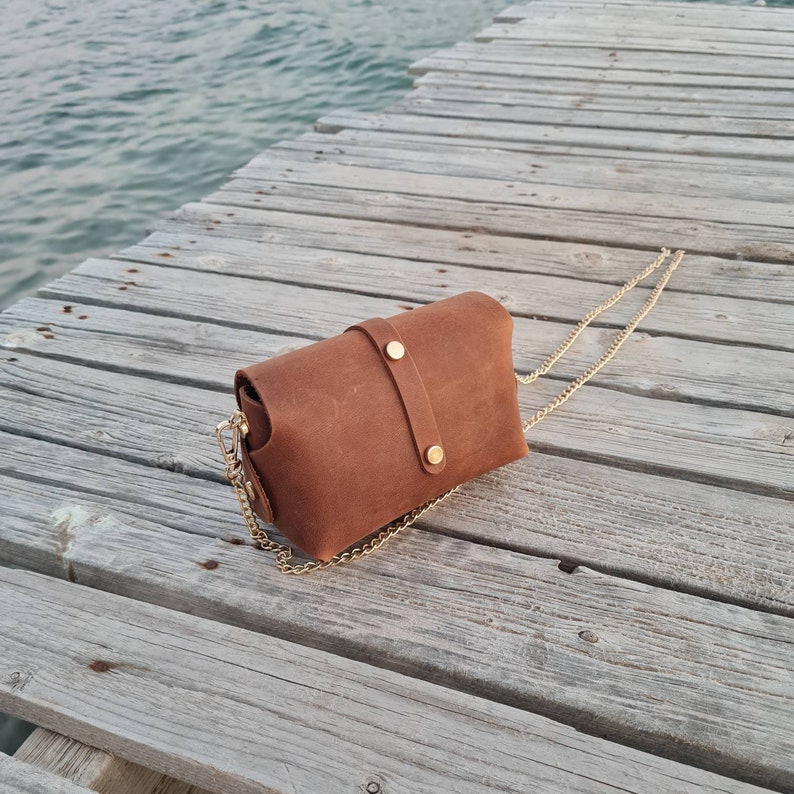 New brown Cross Body Bag, Evening Bag, Leather Bag, Women bag, Leather Handbag, Crossbody Women's Bag, Leather Purse, gold metallic chain image 4