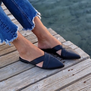Suede Leather mules for women, beige loafers, suede slippers, Greek moccasins, slip on flats, pointy mules, women flat shoes, low heel flats Black Leather