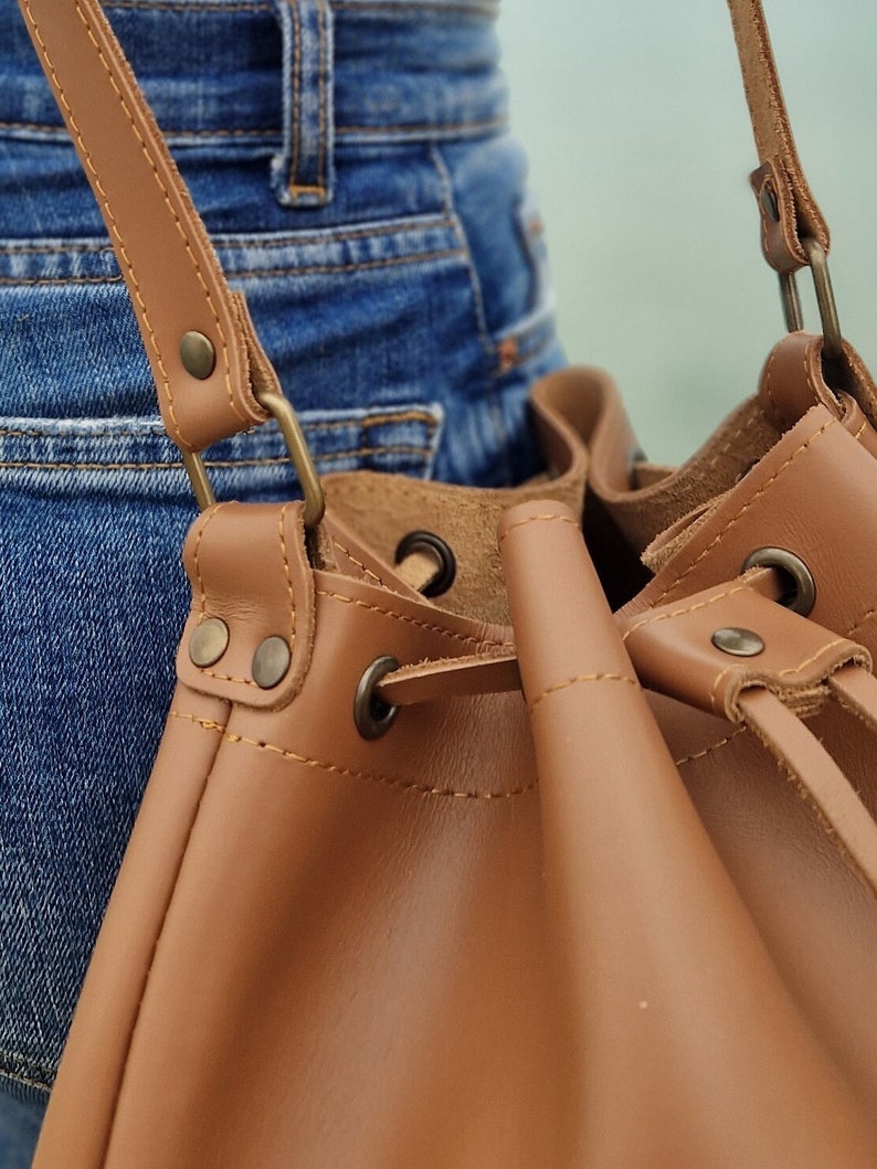 Tobacco bucket Handbag, Cross body Leather bag, Leather Tote, Shoulder Bag, Handmade Real Leather purse, Shopper Bag, Leather Satchel image 3