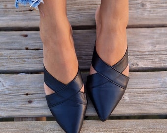 Black Leather mules for women, Slip on loafers, slippers, Greek moccasins, slip on flats, pointy mules, women flat shoes, low heel flats