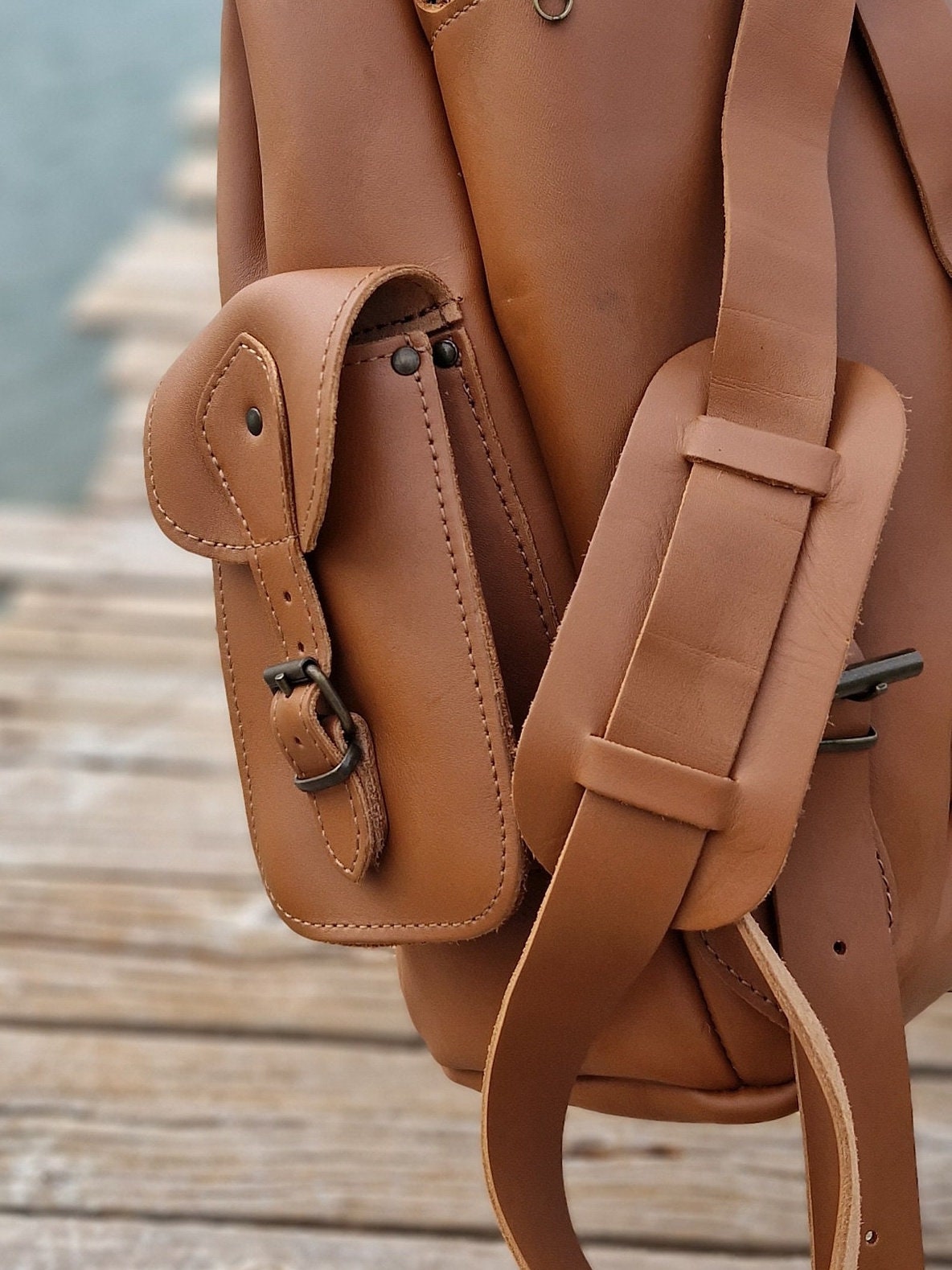 Handmade Greek Leather Backpack, Travel Rucksack With Side  display picture 1