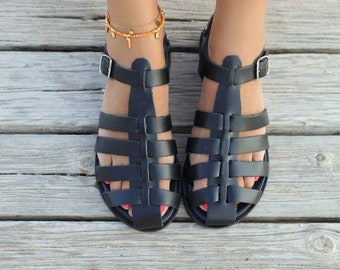 Black Fisherman Leather Sandals for Women With Soft Bed