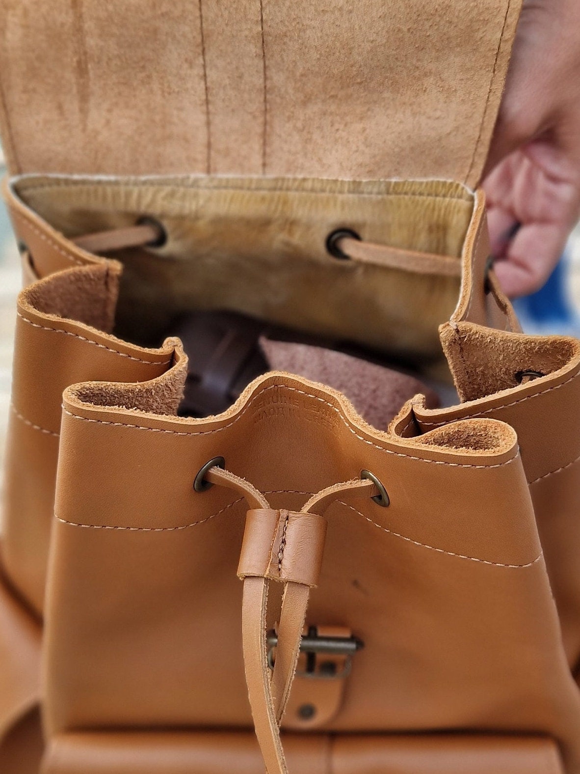 Handmade Greek Leather Backpack, Travel Rucksack With Side  display picture 3