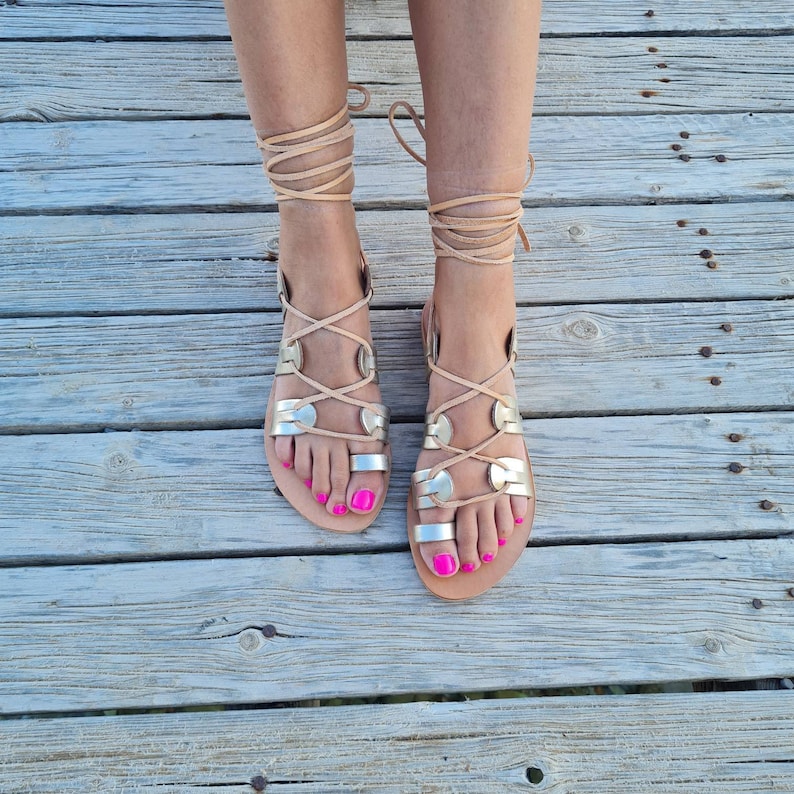 Gold lace up sandals for womenGreek Tie up sandals toe ring Etsy