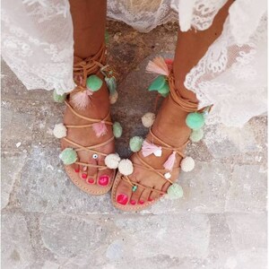 pom pom tie up sandals