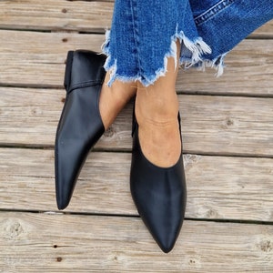 Leather mules shoes, women's loafers, black leather flats, black slippers, leather shoes, moccasins, slip on pointy mules, pvc sole, image 3