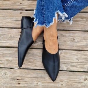 Leather mules shoes, women's loafers, black leather flats, black slippers, leather shoes, moccasins, slip on pointy mules, pvc sole image 4