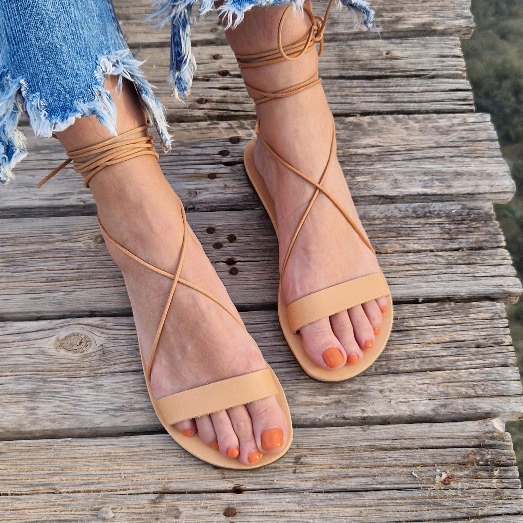 Wrap Around Leather Lace Up Sandals, Greek Sandals, Ankle Wrap Straps, Gladiator Sandals, Summer Flats for Women, Handmade Summer Sandals, image size:1732x1731