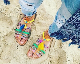 Boho Leather Sandals, Greek Sandals, Boho Sandals, Pom Pom Sandals,Boho Gladiator sandals, Summer sandals, Bohemian sandals, Gladiator shoes